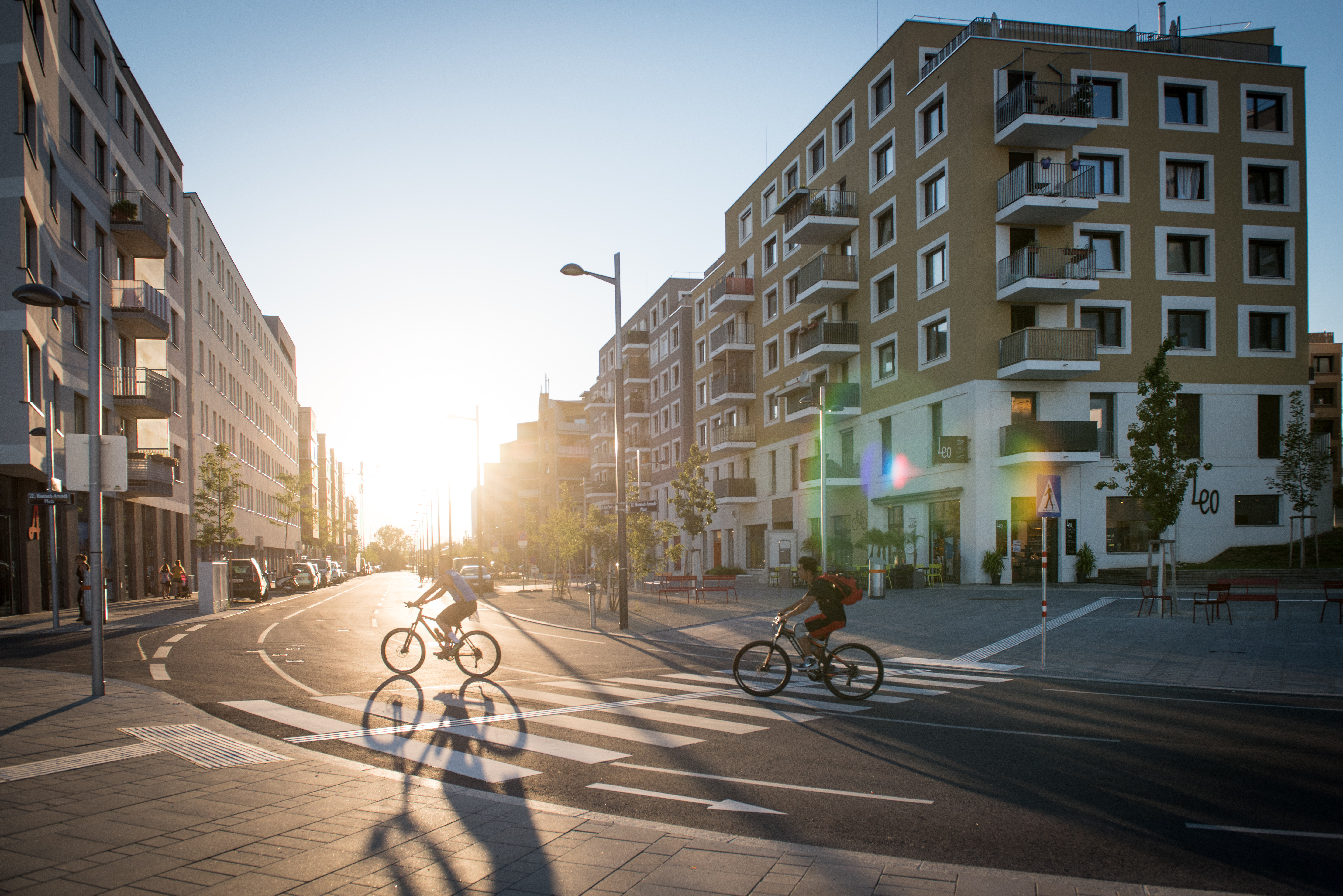 Straße und Wohnhäuser in der mit intelligentem Mobilitätskonzept ausgestatteten Seestadt Aspern in Wien 
